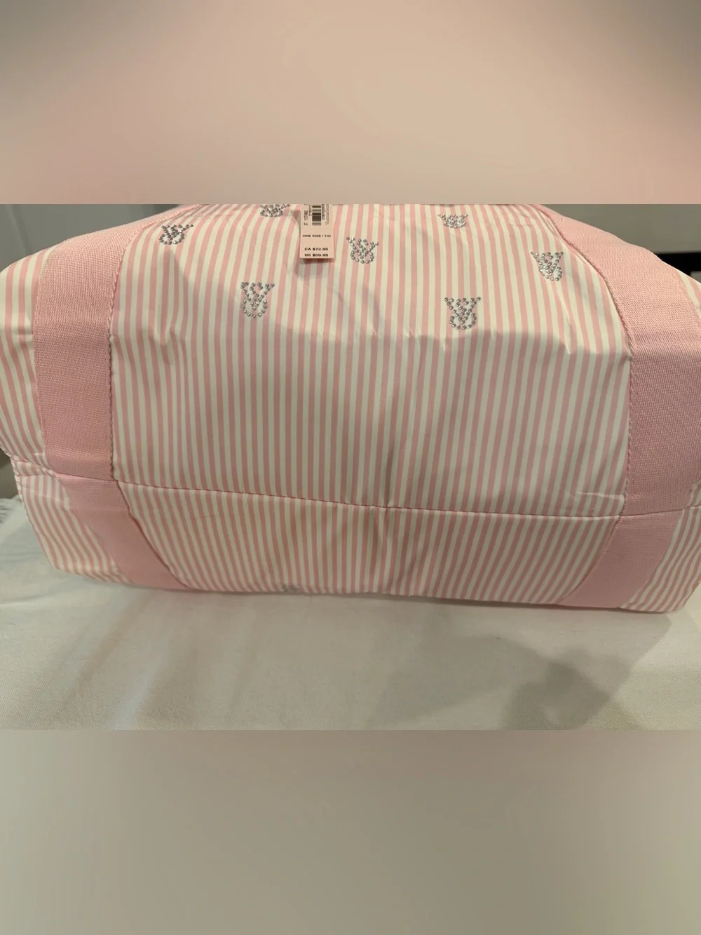 Victoria Secret Pink Striped overnight Tote Bag with Crystal Accents